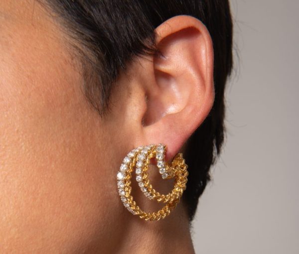 Vintage 18ct yellow gold and diamond triple hoop earrings circa 1973