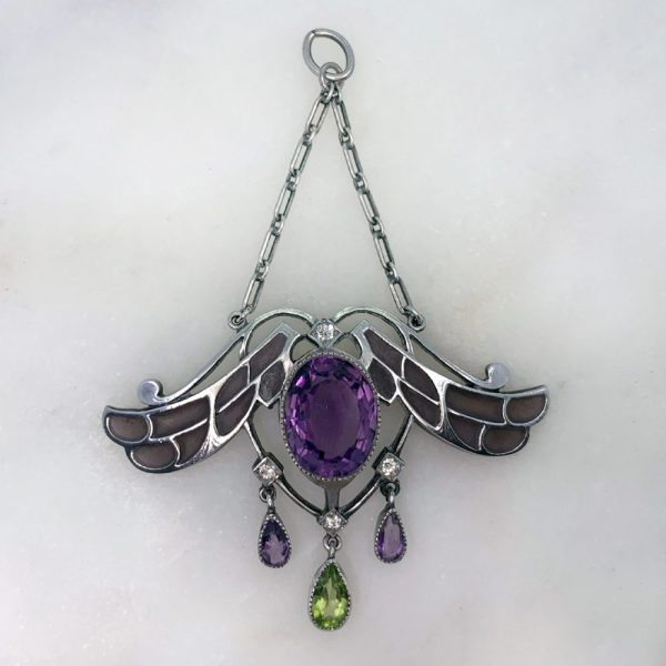 Antique Art Nouveau plique-a-jour amethyst, peridot and diamond pendant set in silver
