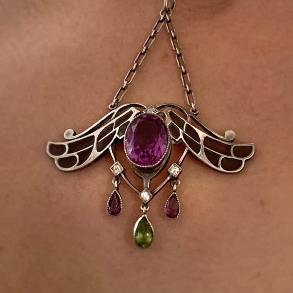 Antique Art Nouveau plique-a-jour amethyst, peridot and diamond pendant set in silver