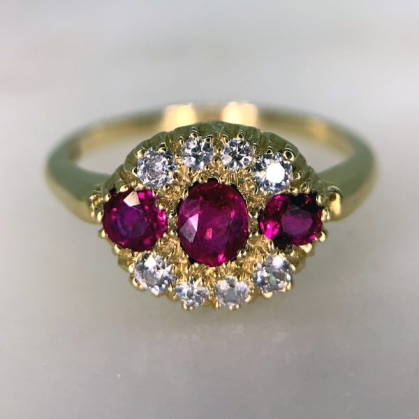 Edwardian 18ct yellow gold ruby and diamond cluster ring