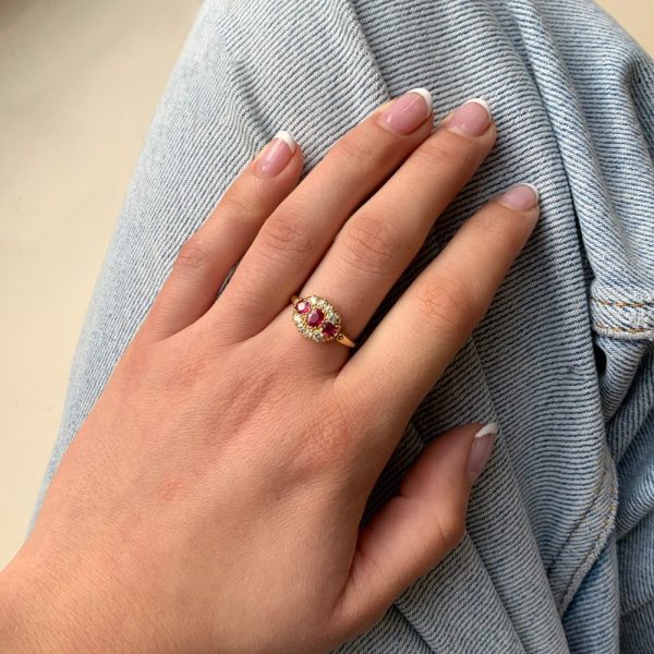 Antique Edwardian 18ct yellow gold ruby and diamond cluster ring