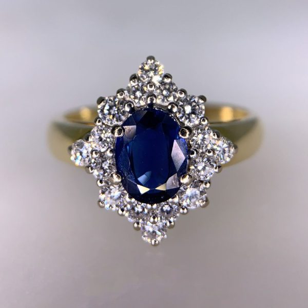 Vintage 18ct yellow gold marquise cut sapphire and diamond cluster ring