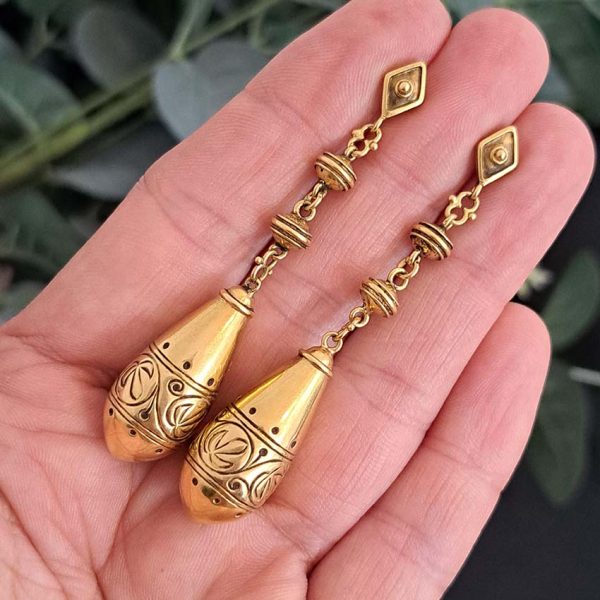 Victorian Antique 15ct Gold Torpedo Drop Earrings, pair of Victorian long drop earrings, approximately 6.5cm in length Test as 15ct gold