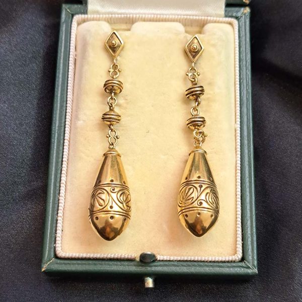 Victorian Antique 15ct Gold Torpedo Drop Earrings, pair of Victorian long drop earrings, approximately 6.5cm in length Test as 15ct gold