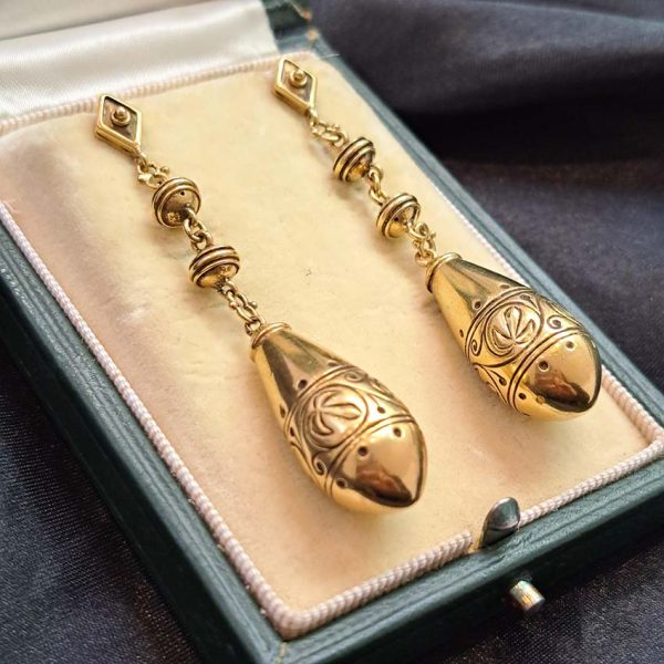 Victorian Antique 15ct Gold Torpedo Drop Earrings, pair of Victorian long drop earrings, approximately 6.5cm in length Test as 15ct gold