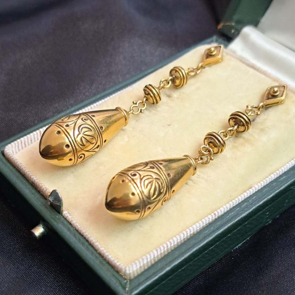 Victorian Antique 15ct Gold Torpedo Drop Earrings, pair of Victorian long drop earrings, approximately 6.5cm in length Test as 15ct gold