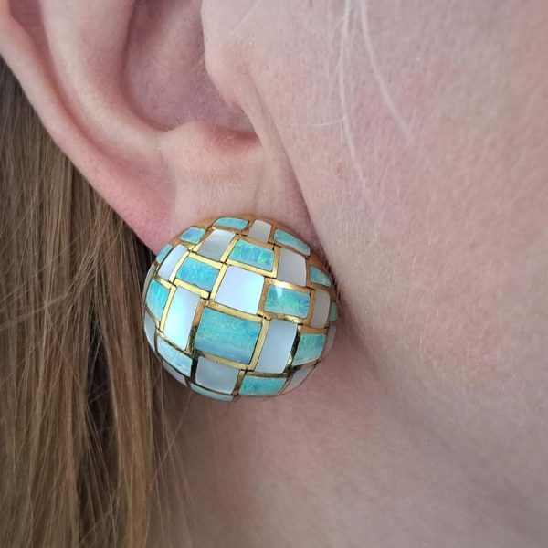 Tiffany and Co Opal and Mother of Pearl Set 18ct Yellow Gold Domed Disc Earrings with post and clip fittings