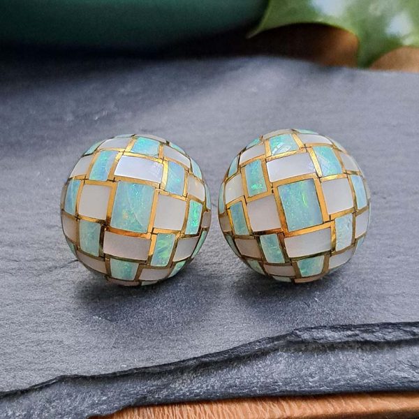 Tiffany and Co Opal and Mother of Pearl Set 18ct Yellow Gold Domed Disc Earrings with post and clip fittings