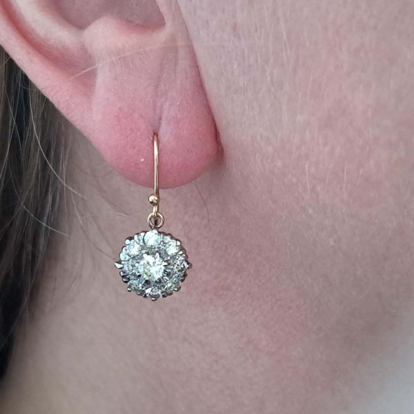 Victorian Antique 1.50ct Diamond Cluster Drop Earrings, set with 1.50 carats of sparkling diamond clusters suspended on shepherd hook fittings