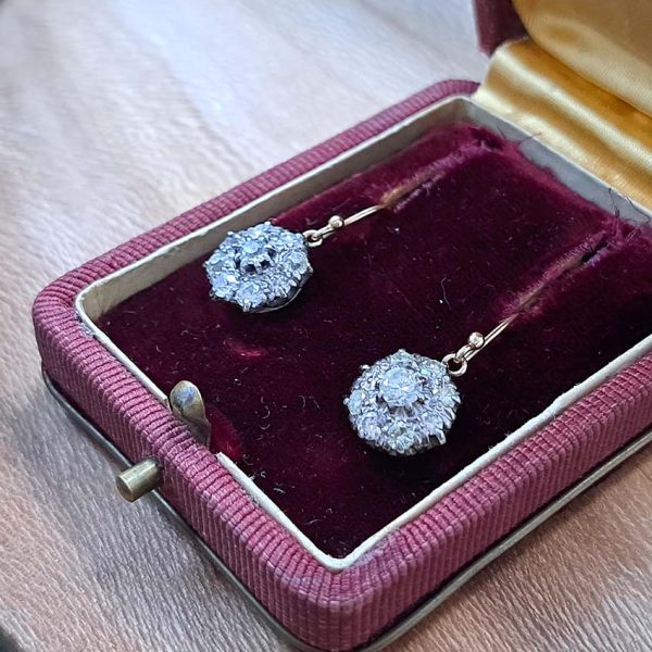 Victorian Antique 1.50ct Diamond Cluster Drop Earrings, set with 1.50 carats of sparkling diamond clusters suspended on shepherd hook fittings