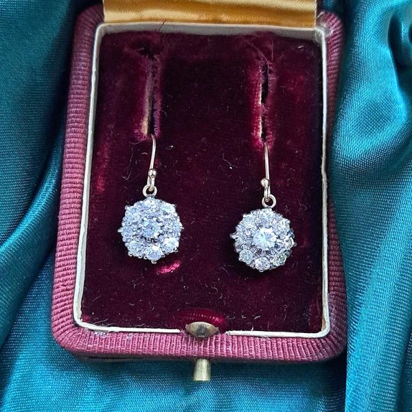 Victorian Antique 1.50ct Diamond Cluster Drop Earrings, set with 1.50 carats of sparkling diamond clusters suspended on shepherd hook fittings