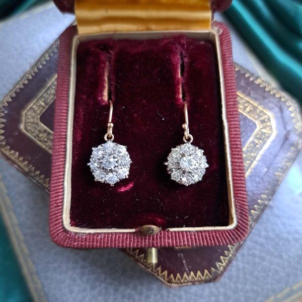 Victorian Antique 1.50ct Diamond Cluster Drop Earrings, set with 1.50 carats of sparkling diamond clusters suspended on shepherd hook fittings