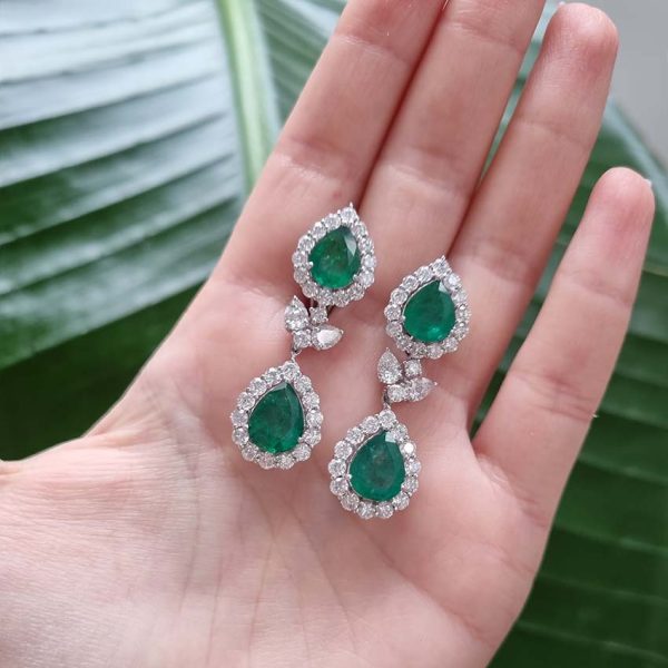 9.24ct Pear Cut Emerald and Diamond Double Cluster Drop Earrings, pear cut emerald and diamond cluster tops suspend pear cut emerald and diamond cluster drop pendants via diamond leaf links in 18ct white gold