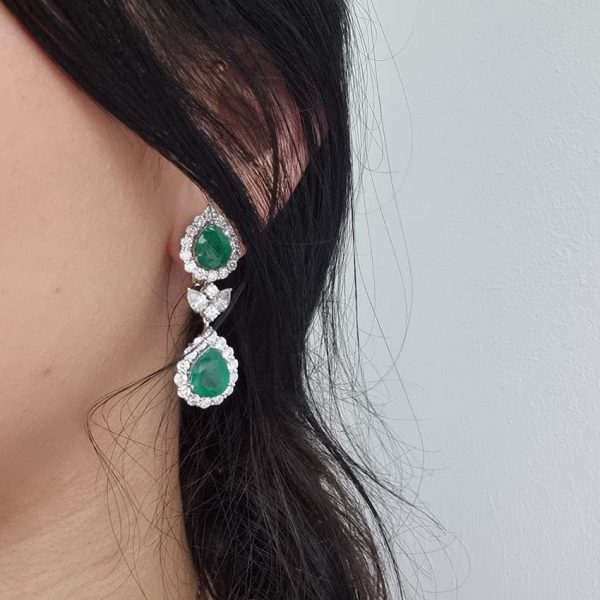 9.24ct Pear Cut Emerald and Diamond Double Cluster Drop Earrings, pear cut emerald and diamond cluster tops suspend pear cut emerald and diamond cluster drop pendants via diamond leaf links in 18ct white gold