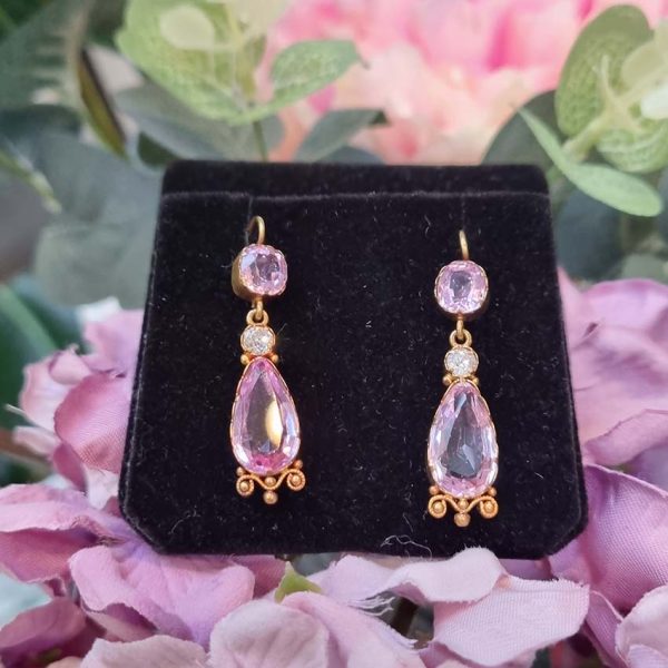 19th Century Antique 7ct Natural Intense Pink Topaz and Old Cut Diamond Drop Earrings