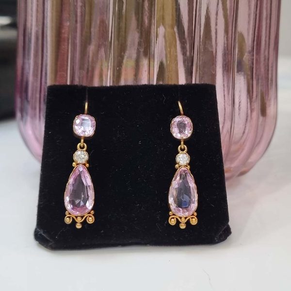 19th Century Antique 7ct Natural Intense Pink Topaz and Old Cut Diamond Drop Earrings