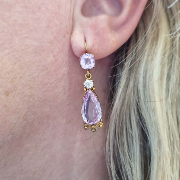 19th Century Antique 7ct Natural Intense Pink Topaz and Old Cut Diamond Drop Earrings
