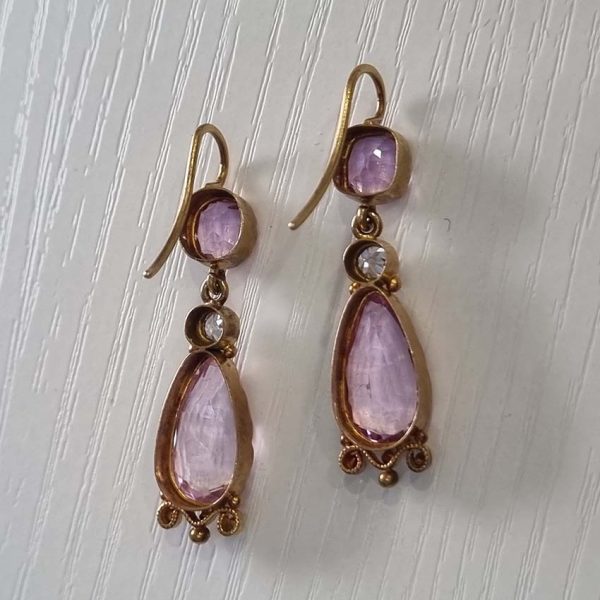 19th Century Antique 7ct Natural Intense Pink Topaz and Old Cut Diamond Drop Earrings