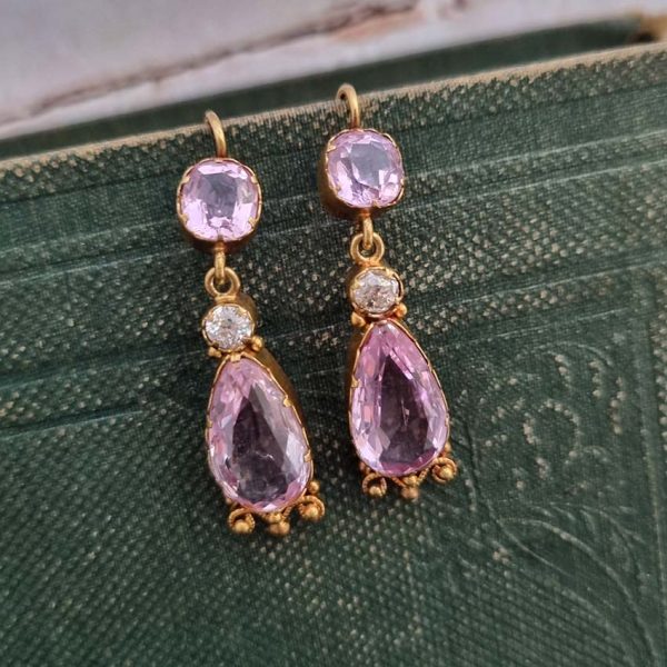 19th Century Antique 7ct Natural Intense Pink Topaz and Old Cut Diamond Drop Earrings