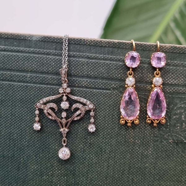 Antique Art Nouveau 1.50ct Old Cut Diamond Pendant, iconic fluid design set with 1.50 carats of old-cut diamonds with articulated drops in silver to 18ct gold