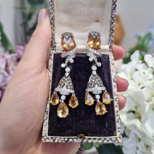 Contemporary Citrine and Diamond Drop Earrings in 18ct yellow gold