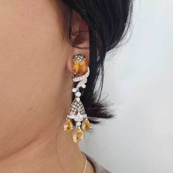 Contemporary Citrine and Diamond Drop Earrings in 18ct yellow gold