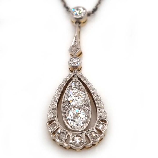 Edwardian Antique 1.20ct Old Cut Diamond Teardrop Cluster Pendant in Platinum and 18ct Gold