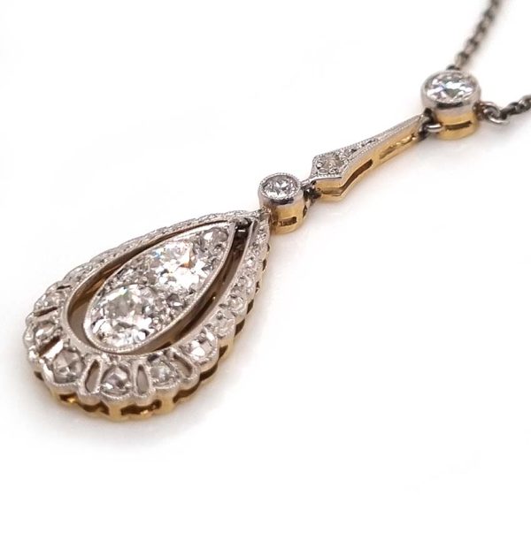 Edwardian Antique 1.20ct Old Cut Diamond Teardrop Cluster Pendant in Platinum and 18ct Gold