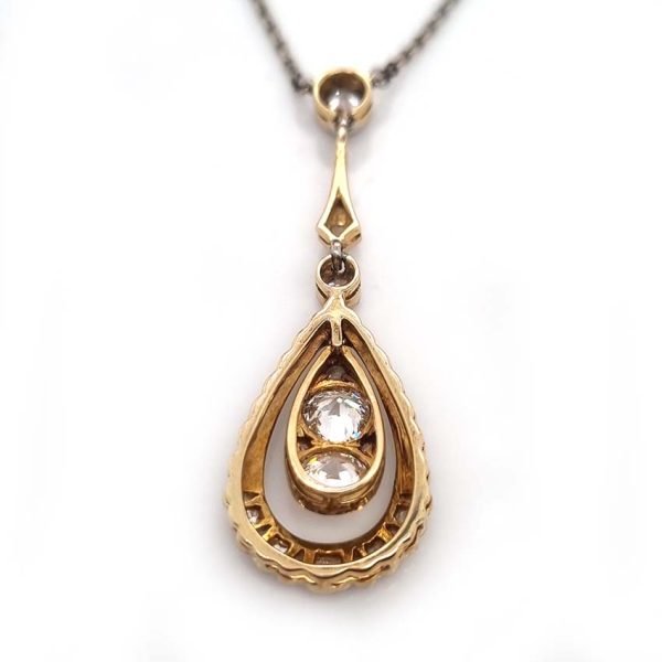 Edwardian Antique 1.20ct Old Cut Diamond Teardrop Cluster Pendant in Platinum and 18ct Gold