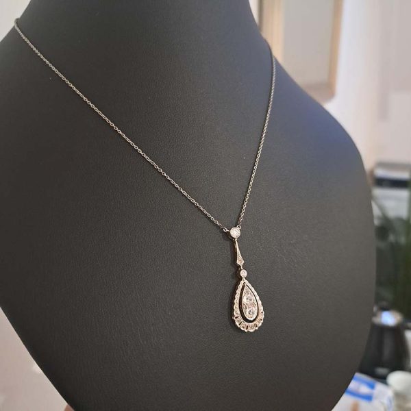 Edwardian Antique 1.20ct Old Cut Diamond Teardrop Cluster Pendant in Platinum and 18ct Gold