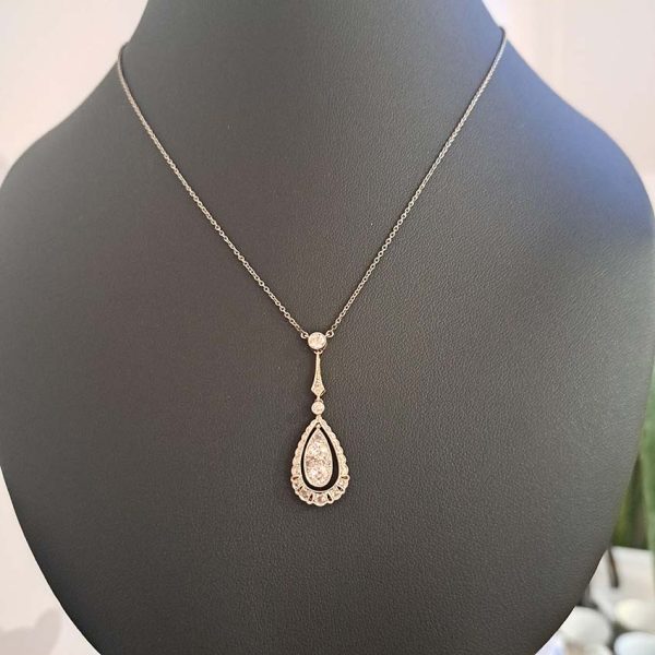Edwardian Antique 1.20ct Old Cut Diamond Teardrop Cluster Pendant in Platinum and 18ct Gold