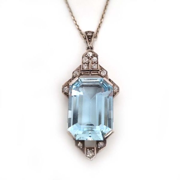 Antique Vintage Art Deco 10.47ct Emerald Step Cut Aquamarine and Diamond Pendant Necklace