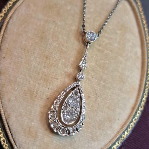 Edwardian Antique 1.20ct Old Cut Diamond Teardrop Cluster Pendant in Platinum and 18ct Gold