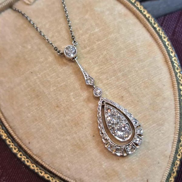 Edwardian Antique 1.20ct Old Cut Diamond Teardrop Cluster Pendant in Platinum and 18ct Gold