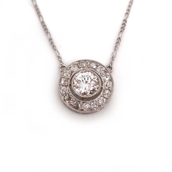 Art Deco 0.80ct Old Cut Diamond Halo Cluster Pendant in Platinum, 1.25cts, 0.80ct old European transitional-cut diamond 0.45ct old mine-cut diamond border
