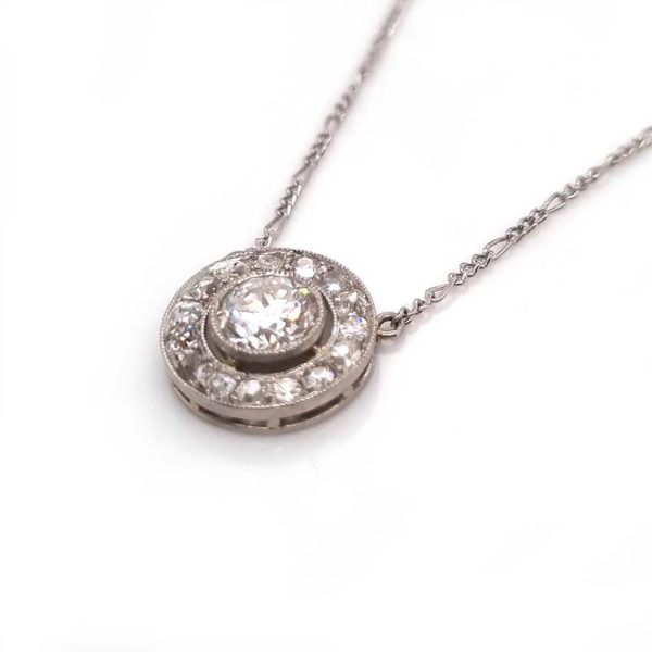 Art Deco 0.80ct Old Cut Diamond Halo Cluster Pendant in Platinum, 1.25cts, 0.80ct old European transitional-cut diamond 0.45ct old mine-cut diamond border