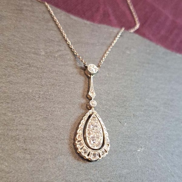 Edwardian Antique 1.20ct Old Cut Diamond Teardrop Cluster Pendant in Platinum and 18ct Gold