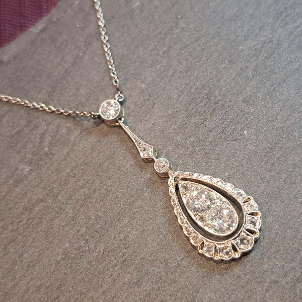 Edwardian Antique 1.20ct Old Cut Diamond Teardrop Cluster Pendant in Platinum and 18ct Gold