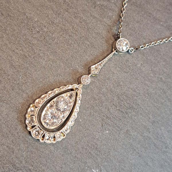 Edwardian Antique 1.20ct Old Cut Diamond Teardrop Cluster Pendant in Platinum and 18ct Gold