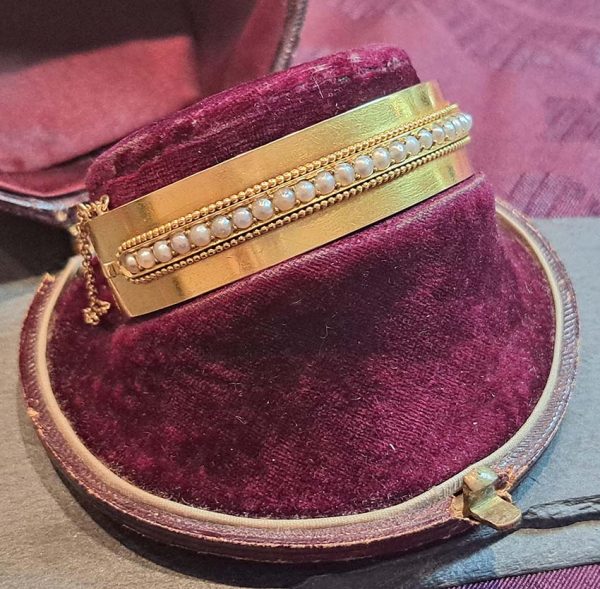 Victorian Antique Pearl and Gold Bangle Bracelet in Original Antique Fitted Boxed