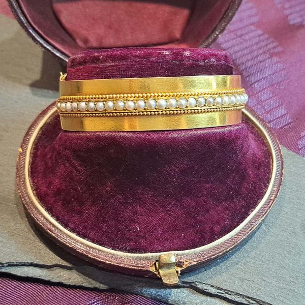 Victorian Antique Pearl and Gold Bangle Bracelet in Original Antique Fitted Boxed