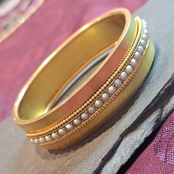 Victorian Antique Pearl and Gold Bangle Bracelet in Original Antique Fitted Boxed