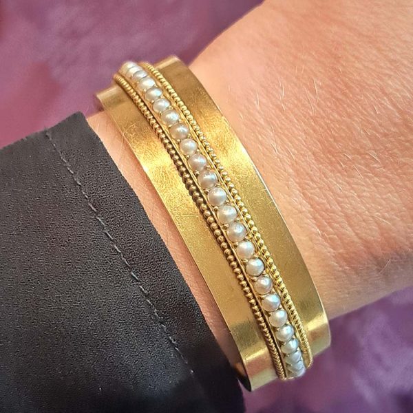 Victorian Antique Pearl and Gold Bangle Bracelet in Original Antique Fitted Boxed