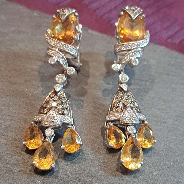 Contemporary Citrine and Diamond Drop Earrings in 18ct yellow gold