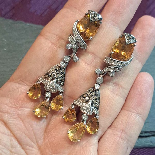 Contemporary Citrine and Diamond Drop Earrings in 18ct yellow gold