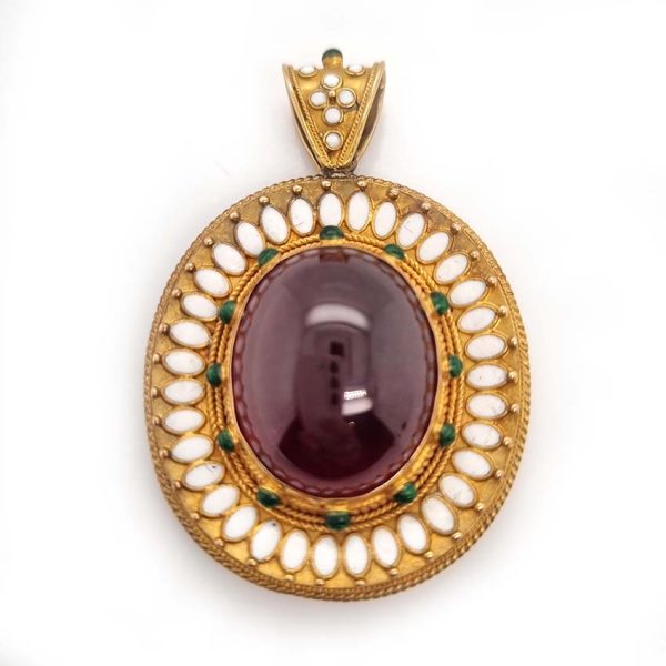Antique Archaeological Revival Garnet Enamel and Gold Pendant, yellow gold pendant with large oval cabochon-cut garnet accented with white enamel and green enamel decorated surround