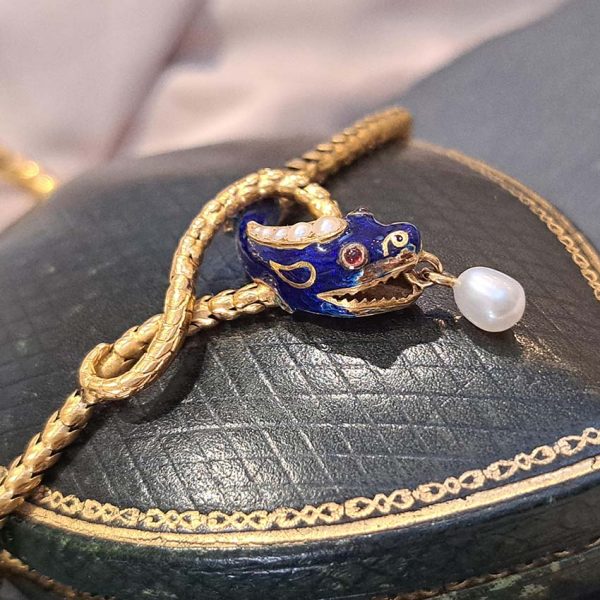 Victorian Antique Gold Snake Necklace with Pearl and Blue Enamel