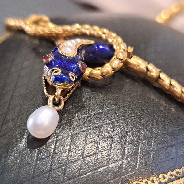 Victorian Antique Gold Snake Necklace with Pearl and Blue Enamel