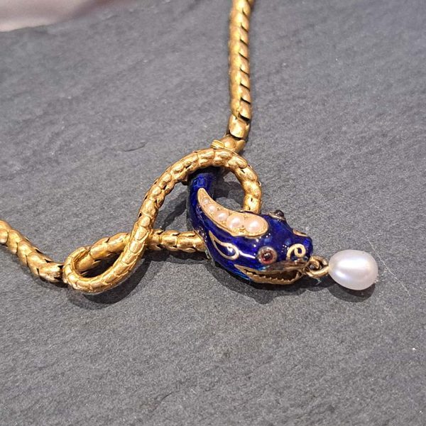Victorian Antique Gold Snake Necklace with Pearl and Blue Enamel