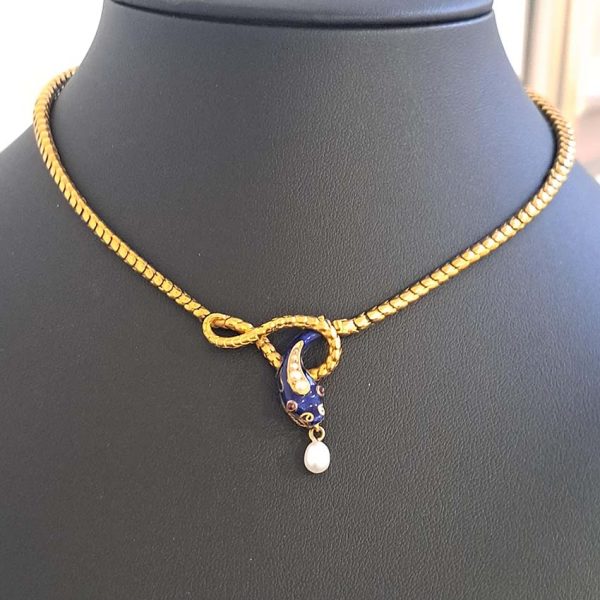 Victorian Antique Gold Snake Necklace with Pearl and Blue Enamel